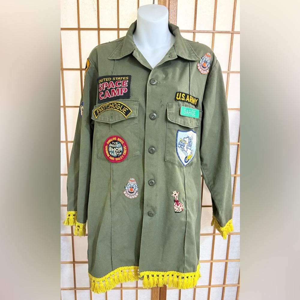 Green army jacket w/ WWII patches the patches & fringe added costume Halloween